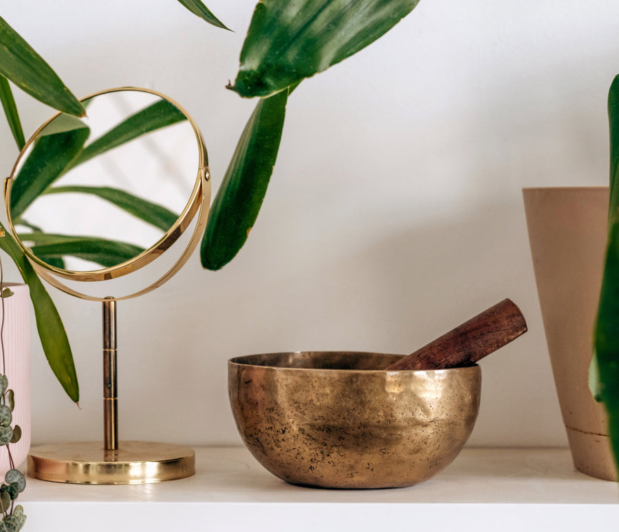 Serene Streams Tibetan singing bowl displayed in an indoor setting, a considered object of beauty and sound healing