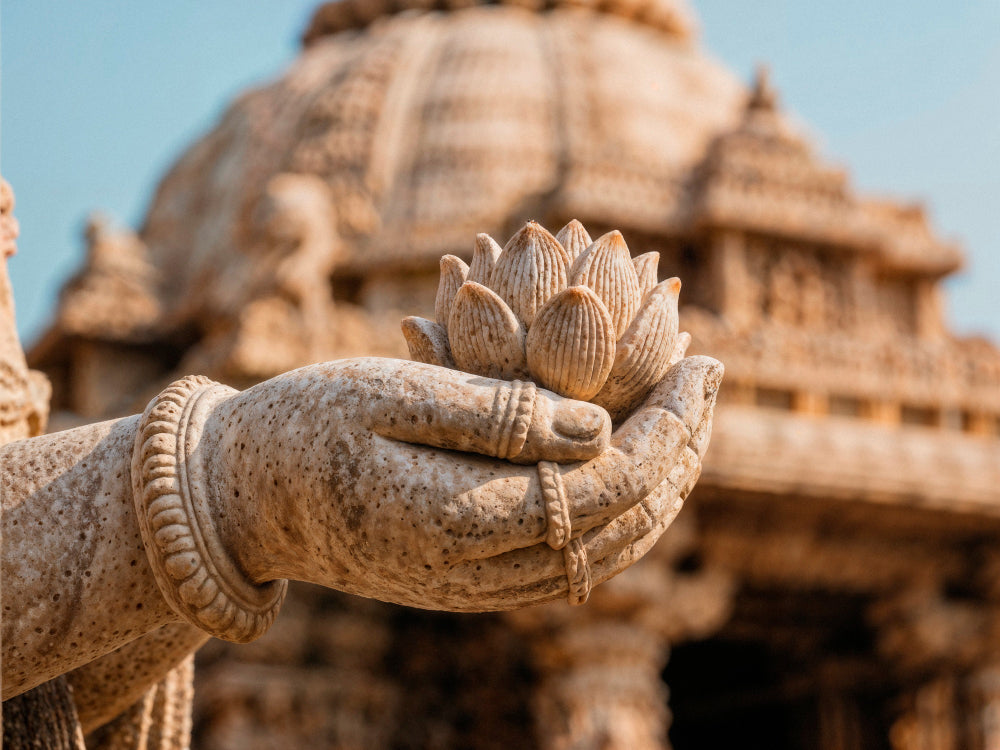 Stone statue of a hand holding a lotus flower, symbolizing the peace and purity at the heart of Serene Streams Tibetan singing bowl tradition