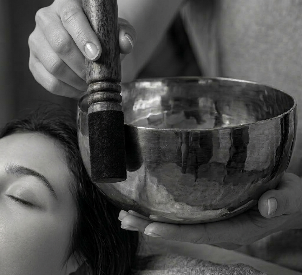 Luxury Tibetan singing bowl in a spa setting, handcrafted by Serene Streams artisans in Kathmandu Nepal