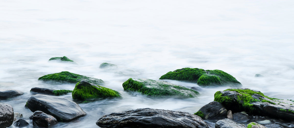 Calm water flowing over rocks in a natural landscape, evoking the healing resonance of Serene Streams Tibetan singing bowl practice